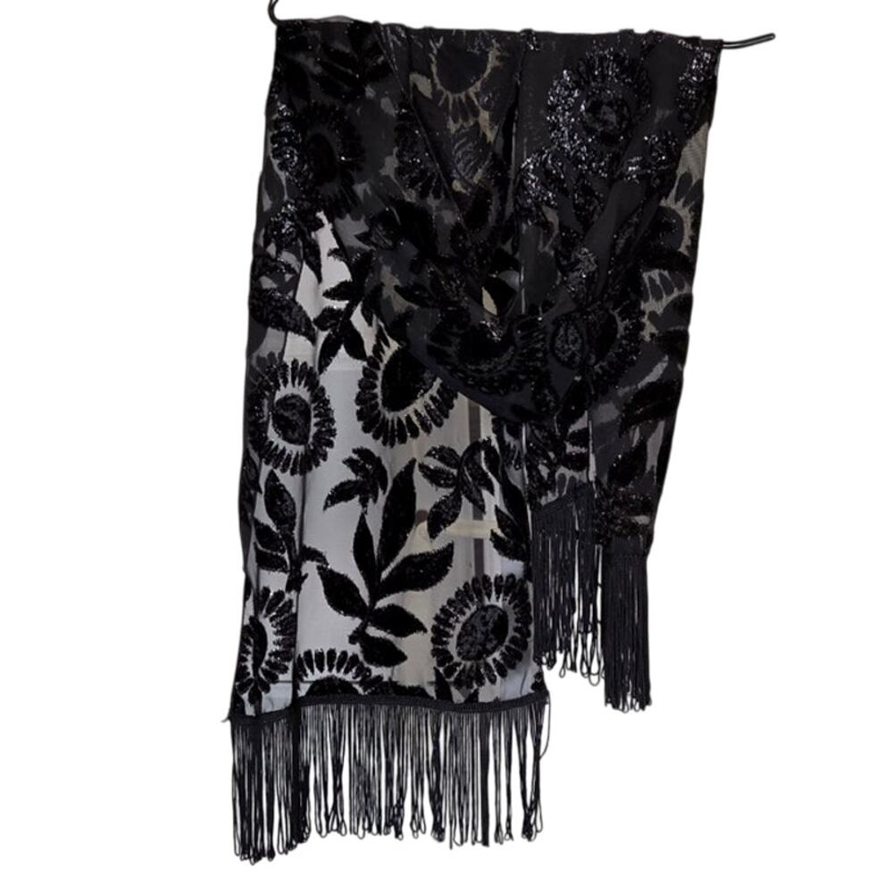 Vintage 1990s Sheer Flocked Fringed Stole 56 x 12 Excellent Condition
